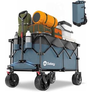Sekey XXL Plus Carrello Spiaggia con Freni 200L 150KG, Carrello Pieghevole Ruote Grandi Extra 17x10 cm Tutti i Terreni, Brevettato Pieghevole da QUATTRO Direzioni SE4011, Grigio con Blu