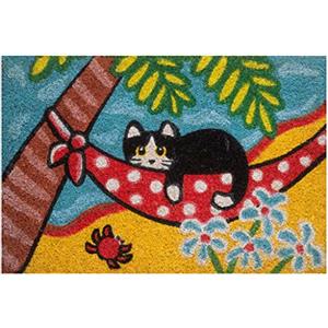 Baroni Home Zerbino da Esterno in Cocco Dipinto a mano con Base in PVC, Tappeto da Esterno Ultraresistente e Facile da Pulire, Gatto in Spiaggia, 60x40 cm