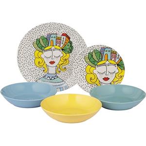 Baroni Home Servizio di Piatti da 18 pezzi in Porcellana e Gres, Servito da Tavolo Colorato per 6 Persone, Piatto Fondo, Piano, da Frutta o Dolce, Fantasia Ragazza City