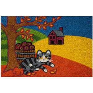 Baroni Home Zerbino da Esterno in Cocco Dipinto a mano con Base in PVC, Tappeto da Esterno Ultraresistente e Facile da Pulire, Gatto Paesaggio Autunnale, 60x40 cm