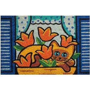 Baroni Home Zerbino da Esterno in Cocco Dipinto a mano con Base in PVC, Tappeto da Esterno Ultraresistente e Facile da Pulire, Gatto Dentro a Vaso, 60x40 cm