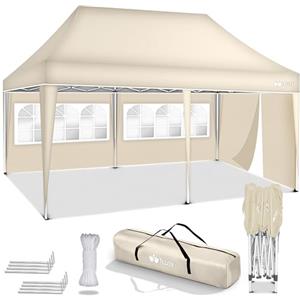 tillvex Gazebo 3x6m da Giardino | Gazebo pieghevole regolabile in altezza | Tenda Pop up impermeabile da protezione UV 50+ | Tenda Padiglione + Sacca di Trasporto (Beige - con 3 pannelli laterali)