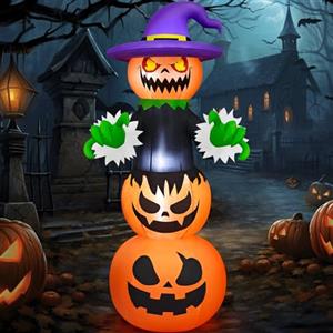 Danxilu 1,83M Decorazioni Gonfiabili per Esterni con Zucca di Halloween Decorazione Gonfiabile con Pila di Zucche di Halloween con Cappello da Strega e LED Integrati per Feste di Natale Cortile