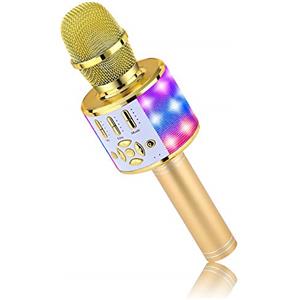 BONAOK Microfono Bluetooth senza fili, microfono per bambini con luci LED, mini macchina karaoke per festa/casa/compleanno, compatibile con Bluetooth iOS Android (oro)