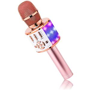 BONAOK Microfono Karaoke Bluetooth, Microfoni Karaoke Wireless 4 in 1, Microfono Karaoke LED per Adulti Dispositivo Karaoke KTV da Casa, Compatibile con Dispositivi Bluetooth iOS Android (Oro Rosa)