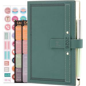 Goldaypln Agenda 2026, formato A5, una pagina per giorno, agenda 2026 da gennaio 2026 a dicembre 2026, agenda mensile giornaliera con calendario, penna, portapenne, linguette mensili, tasca interna (verde)
