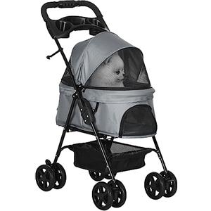 PawHut Passeggino per Cani Piccoli Pieghevole, Passeggino Leggero per Animali con Ruote Girevoli, Guinzaglio di Sicurezza e Cestino Portaoggetti, 67x45x96cm, Grigio