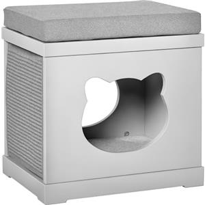 PawHut Cuccia Casetta per Gatti in Legno con 2 Cuscini e Tiragraffi Rimovibili, Grigio, 41x30x36cm