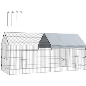 PawHut Gabbia per Conigli e Galline da Esterno e Interno con Protezione Parasole e Griglia Metallica, Casetta Recinto per Animali Piccoli, Galline, Anatre, Porcellini d'India, 220x85x103cm, Argento