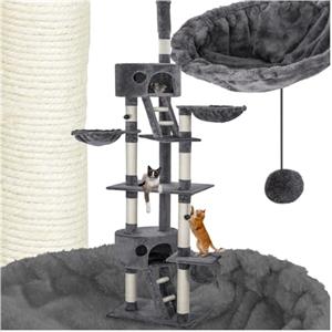 tectake® Albero Tiragraffi per Gatti, con 2 Casette, 3 Piattaforme, Altezza Regolabile 243-260 cm, Barre in Sisal 8 cm di Diametro, Ideale per Gioco e Riposo - Grigio