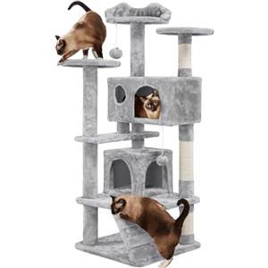 Yaheetech Albero Tiragraffi per Gatti 139 cm con 3 Pali Graffiatoi 3 Posatoi 2 Grotta 2 Pompon in Peluche a Più Livelli Giocattolo Gioco Grigio Chiaro