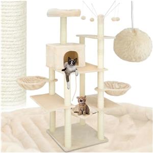 tectake® Albero Tiragraffi per Gatti con Colonne in Sisal, Tiragraffi Gatto con Cuccette e Comoda Casetta, Tiragraffi con Piattaforma Panoramica, Rivestimento in Morbido Peluche - Beige