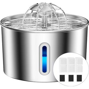 BalimoPet Fontanella per Gatti Acciaio, 2,2L Fontana per Gatti Super Silenzioso, Sistema di Filtraggio Quadruplo, Facile da Pulire, Fontanella Gatto con cavo, 3 Filtri con LED Distributore Acqua Gatto