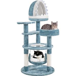 Yaheetech Albero Tiragraffi per Gatti 115 cm con 2 Posatoi Amaca Cuccia a Forma di Squalo Corda di Sisal Naturale Stile Oceano Gioco Blu Bianco