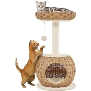 Yaheetech Tiragraffi per Gatti Albero per Gatti in Rattan Intrecciato Trespolo Cuccia per Gatti con Pallina Gioco Altezza 75cm Beige