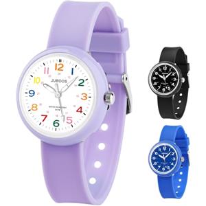 Juboos Orologio analogico per bambini e bambine, impermeabile fino a 3 atm, con gatto, facile da leggere, Viola, orologio gatto bambini (Viola Color)