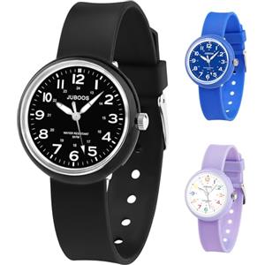 Juboos Orologio analogico per bambini e bambine, impermeabile fino a 3 atm, con gatto, facile da leggere, Viola, orologio gatto bambini (Dark Nero)