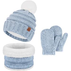 Bequemer Laden Bambino Invernale Cappello Berretto con Pon Pon Caldo Sciarpa Scaldacollo con Fodera in Pile Termici Guanti Manopole per 2-6 Anni Bambina Bimbo