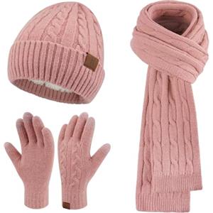 ZASFOU Donna Cappello Invernale Sciarpa Guanti Touch Screen Set Caldo Pile Foderati in maglia Berretto Cappelli Sciarpe lunghe Guanto Regalo per Donna compleanno Natale
