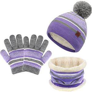 Bequemer Laden Invernale Bambino Berretto Cappello con Pompom Sciarpa ad Anello e Guanti, Termici Cappelli Berretti Scaldacollo in Maglia con Fodera in Pile per 2-7 Anni Bambina Bimbo