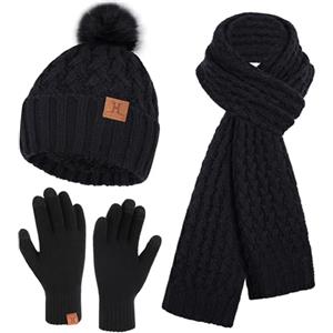 Bequemer Laden Donna Invernale Pon Pon Cappello Sciarpa Touch Screen Guanti Set con Fodera in Pile, Berretto in Maglia a Trecce Sciarpe Regalo