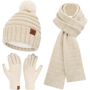 Bequemer Laden Donna Invernale Cappello Pon Pon Sciarpa Lunga Guanti Touch Screen, Termici Beanie Berretto con Fodera in Pile Sciarpe, Regalo Natale