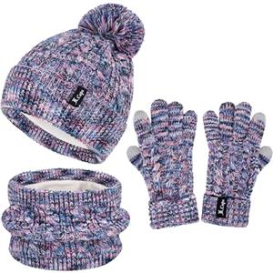 ZASFOU Cappello Invernale Sciarpa Guanti Touch Screen Set per Bambini 3-6-12 Anni Berretto Cappelli in Maglia con Pompon Scaldacollo Guanto Regali per Ragazze Ragazzo
