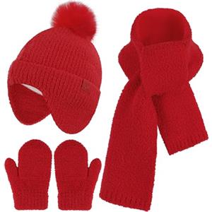 Bequemer Laden Invernale Bambino Cappello con PON PON e Paraorecchie Sciarpa Guanti, Termico Berretto Beanie con Fodera in Pile Manopole per 0-4 Bimbo Bambina