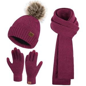 Bequemer Laden Donna Inverno Beanie Cappello Lunga Sciarpa Touch Screen Guanti Set Maglia Pompom Berretto con Fodera in Pile