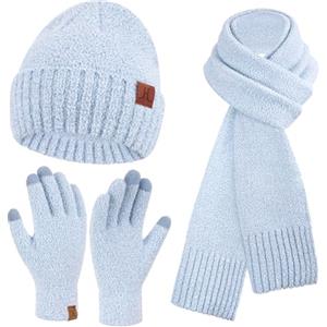 Bequemer Laden Berretto invernale da donna, caldo e peloso, guanti touchscreen, sciarpa a collo lungo, set lavorato a maglia, con soffice berretto a teschio, regalo per le donne, Z-Blu Cielo,