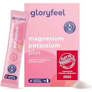 Gloryfeel Magnesio e Potassio Integratore, Eletto PRODOTTO DELL'ANNO 2025, Gusto Lampone, 30 Bustine, Vitamina C, B12, Riboflavina e Tiamina, Contro Stanchezza e Affaticamento, per Sistema Immunitario e Nervoso