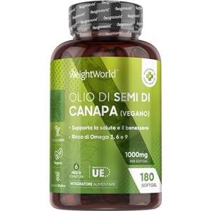 WeightWorld Olio di Canapa 1000mg per Softgel, 180 Softgel Vegane (Scorta 6 Mesi), 1 al Giorno, Spremuto a Freddo, Fornisce Omega 3 6 9, ALA, Acido Linoleico, Acido Oleico, Olio Semi di Canapa Sativa (Hemp Seed)
