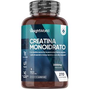 WeightWorld Creatina Monoidrata Vegana, 3000mg per Dose (3 Mesi di Scorta) Senza Magnesio Stearato, Uomini e Donne, Pre Workout, Intra, Post Workout, 270 Creatina Compresse Senza Glutine né Coloranti Artificiali