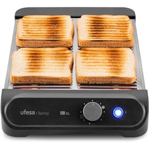 Ufesa Tostapane Piatto Barley, 900W con 3 Resistenze al Quarzo, Tostapane Orizzontale in Acciaio Inossidabile, Formato XL per 4 Fette, 7 Livelli, Scongelamento, Vassoio Raccoglibriciole