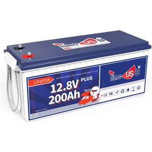 Timeusb Batteria al Litio 12V 200Ah Plus LiFePO4 con 200A BMS,Batteria Ricaricabile a 15000 Cicli,10 Anni di Durata,Energia Max.2560Wh Perfetto per Camper,Sistema Solare,Barche,Off-Grid