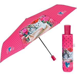 PERLETTI Ombrello Pieghevole Automatico Donna Rosa con Gattini - Ombrellino Antivento Compatto Piccolo Resistente - Ombrello Mini da Viaggio Borsa Ragazza Cuccioli - Diametro 96 cm (Fucsia con Gatti)