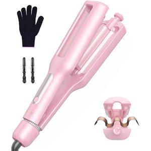 BESTOPE MIX 4 In 1 Regolabile Piastra Onde per Capelli - 22/25/32/38mm Piastra Onde per Onde da Spiaggia, Onde Naturali, Onde d'acqua, Onde da Sirena, Antiscottature, Display Digitale, 4 Temperature, Pink