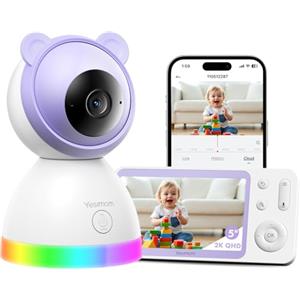 YESIMOM 2K Baby Monitor Video e Audio, Telecamera Bambini Supporto Controllo Tramite Cellulare APP & 5" Monitor, Videocamera Neonato con Luce Notturna, 360° PTZ, Allarmi Pianto e Movimento（8TM-1PZ