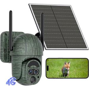 NUASI Fototrappola con SIM e Pannello Solare, Fototrappola 4G con Doppia Lente, 12X ZOOM, Telecamera con SIM 4g da Esterno, Visione Notturna, Rilevamento PIR, PTZ 360, Impermeabile IP66