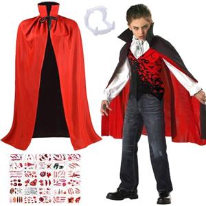 MZJAUVF Mantello Vampiro, Nero Rosso Capa Costume Vampiro 120cm, Denti da Vampiros, Mantello Dracula, Vampiros Costume, Costumes Halloween Vampiros per Festa a Tema, Carnevale, Cosplay