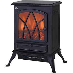 HOMCOM Camino Elettrico con Effetto Fiamma Stile Retrò, Stufa Elettrica con Termostato 1000-2000W e Luce Regolabile, Nero