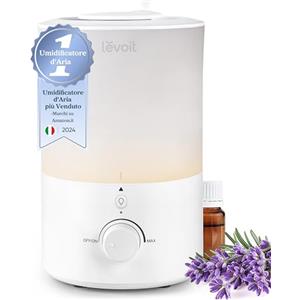 LEVOIT Umidificatore Ambiente, Top Fill, 3L/25H di Durata, 28dB Silenzioso, con Luce e Aromaterapia, Auto Spegnimento, Ugello a 360°, Facile Pulizia della Lavastoviglie, per Qualsiasi Camera