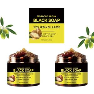 Generisch 2 pezzi di sapone nero marocchino scrub corpo marocco con olio di argan e rosa per pelle morbida, esfoliante corpo, dispenser di sapone per il bagno, per tutti i tipi di pelle, 200 g