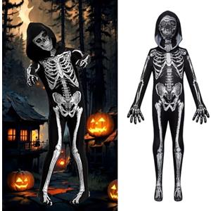 Ayucanpeng Costume da Scheletro per Bambini, Tuta intera da scheletro 3D,uta da Scheletro per Bambini con Maschera cappuccio,Costume Halloween Bambino,per Halloween Festa Carnevale,unisex (140)