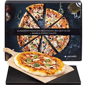 Navaris Pietra Refrattaria per Pizza - Piastra da Forno per Barbecue Gas Elettrico - Kit Pizza Pane con Pala in bambù - Teglia Rettangolare in Cordierite 38 x 30 cm - Nero