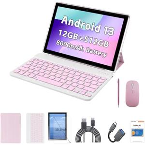 Crelander Tablet Android 13 da 10,1 pollici con slot per scheda SIM 4G LTE Calling, memoria da 12 GB + 512 GB, batteria da 8000 mAh, doppia fotocamera, Bluetooth/WiFi, pacchetto con custodia, tastiera