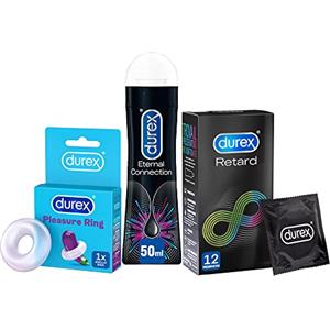 Durex Kit Retard 12 Preservativi Ritardanti per Lui con Benzocaina 5%, Pleasure Ring, Anello Stimolante per Lui e Durex Eternal Connection Gel Lubrificante a Base Siliconica 50 ml