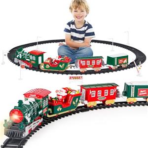 deAO Trenino Elettrico con Pista per Bambini, Trenino Giocattolo Albero di Natale con Luci e Suono, Ferrovia, Locomotiva e 3 Carri, Treno Classico Regalo per Bambini 4+