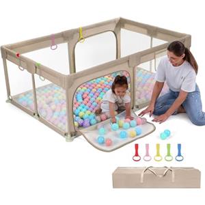 Dripex Box Bambini 120 x 180 cm, Recinto per Bambini, Box Neonato, Recinto Neonato con Rete Traspirante, Tessuto di lino, 5 Pezzi Anelli, Marrone
