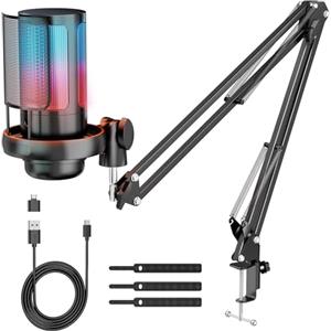Anykuu Microfono Gaming RGB, Microfono a Condensatore RGB Plug & Play 192kHz/24-Bit con Pulsante di Silenziamento, Kit Microfono USB con Filtro Anti-Pop e Supporto Antiurto per PC Mac Gaming Podcast